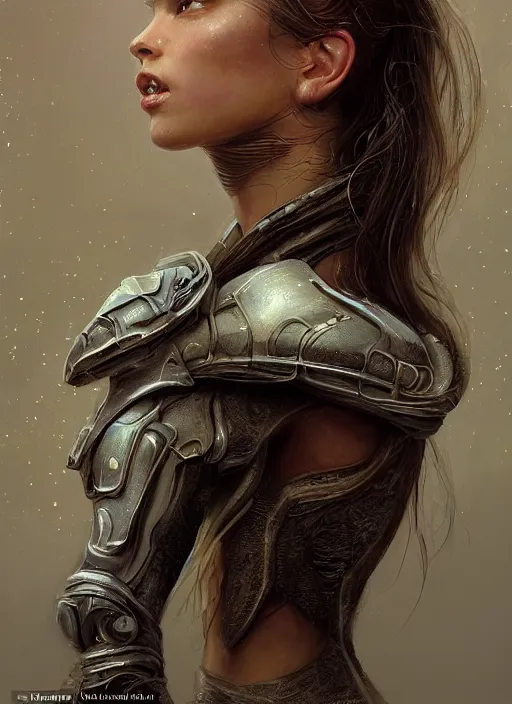 Prompt: a photorealistic portrait of a beautiful young female alien, clothed in ethereal armor, olive skin, long dark hair, beautiful bone structure, symmetrical facial features, intricate, elegant, digital painting, concept art, smooth, sharp focus, finely detailed, illustration, from Valerian and the City of a Thousand Planets, by Ruan Jia and Mandy Jurgens and Artgerm and William-Adolphe Bouguerea