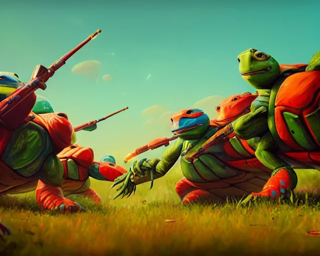 Prompt: battle turtles, painting by simon stalenhag, unreal 5, daz, hyperrealistic, octane render, dynamic lighting, intricate detail, summer vibrancy, cinematic