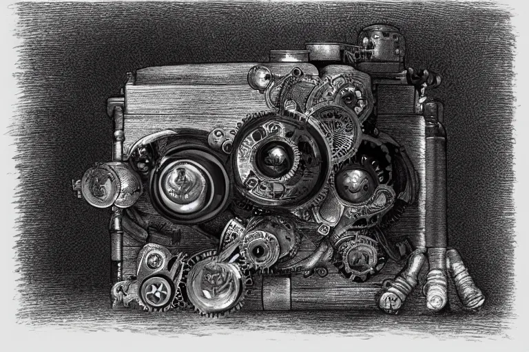 Prompt: a steampunk camera film by gustave dore, trending on artstation