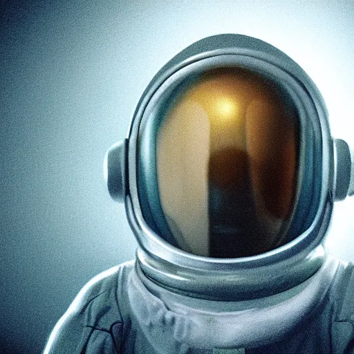 Prompt: photorealistic portrait of an alien wearing an astronaut helmet, ray tracing reflections, dynamic lighting, hyperrealism, weird