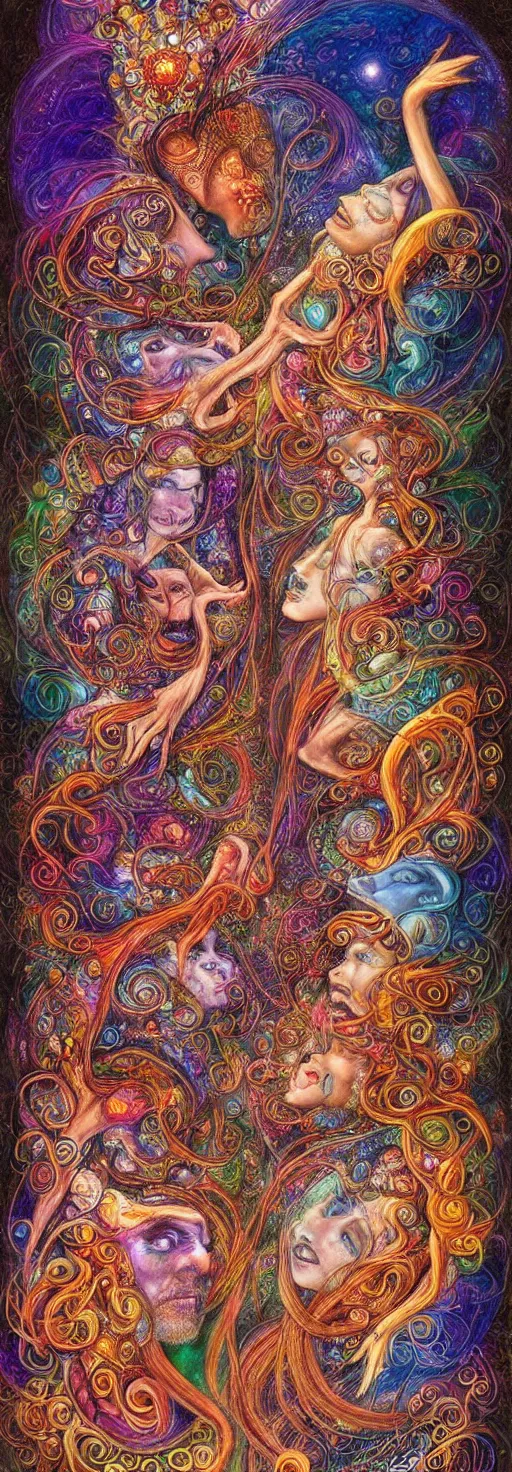 Image similar to two psychedelic shamans intertwined in a cosmic entanglement by Josephine Wall and Daniel Merriam, Artstation