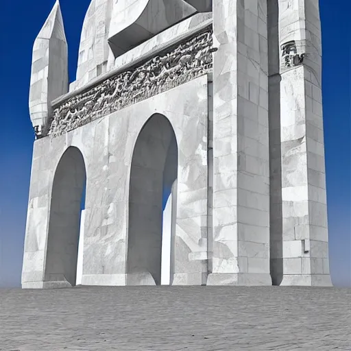 Prompt: citadel made out of glistening white marble, fusion between gothic and modern architecture, digital art