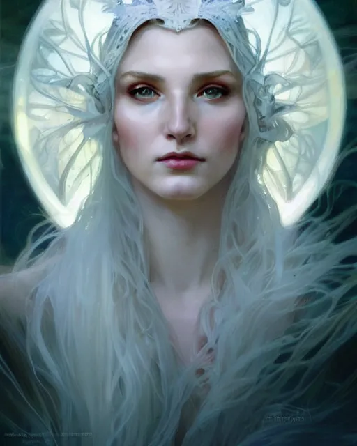 Image similar to realistic portrait of a beautiful white witch, bright, beautiful, heroic pose, beautiful face, magic, dramatic lighting, intricate, wild, highly detailed, digital painting, artstation, concept art, smooth, sharp focus, illustration, art by artgerm and greg rutkowski and alphonse mucha, footage from space camera