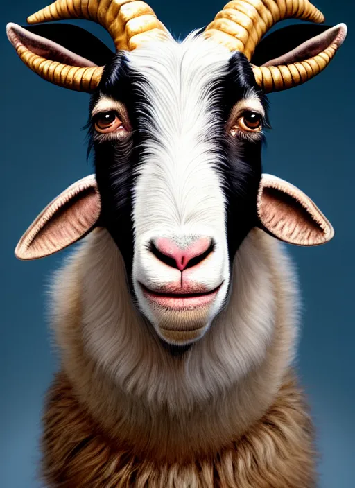 Image similar to anthropomorphic portrait of will smith as a goat, au naturel, hyper detailed, digital art, trending in artstation, cinematic lighting, studio quality, smooth render, unreal engine 5 rendered, octane rendered, art style by klimt and nixeu and ian sprigger and wlop and krenz cushart