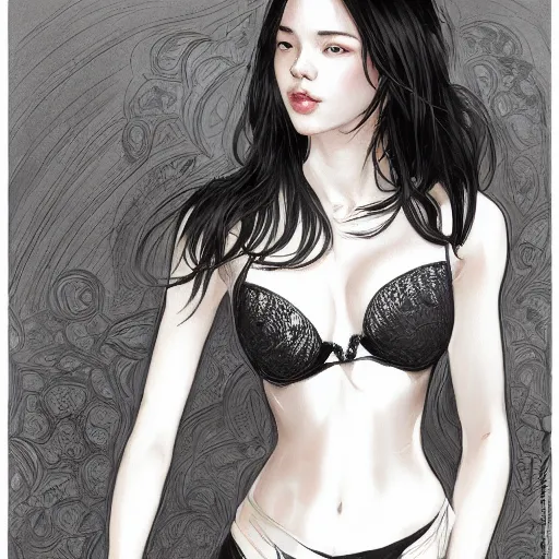 ahri wearing black lace bra!!!, lying in bed!!!!