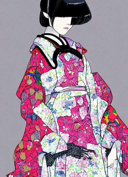 Prompt: a digital copic maker portrait of a japanese girl detailed features wearing a kimono latex suit wedding dress - harajuku fashion synthetic materials, by balenciaga and issey miyake by ichiro tanida and mitsuo katsui