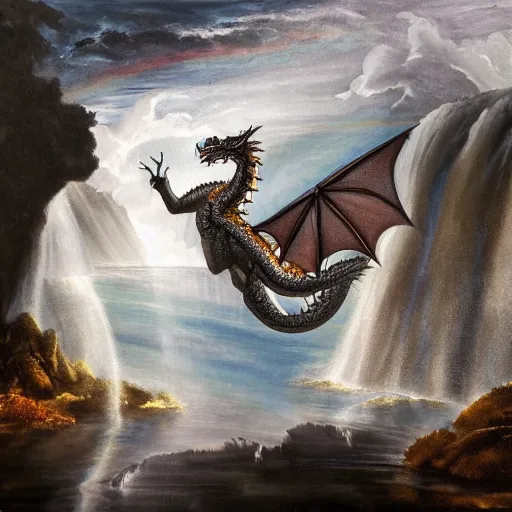 Image similar to oil painting of a dragon flying in the air near a cave with a waterfall in the center, light emanating from the waterfall leading to a big pool of water, dragon has black and white siberian tiger stripes, elegant, sharp focus, wide shot, clear, detailed, early renaissance