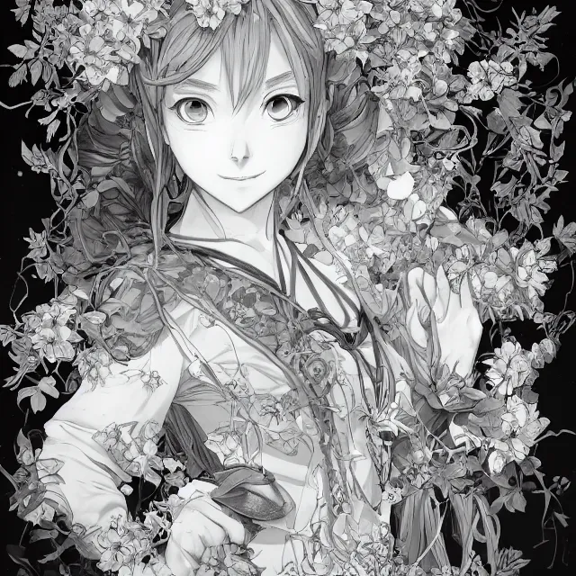 Image similar to the portrait of chaotic good female druid botanist as absurdly beautiful, gorgeous, elegant, young anime girl, an ultrafine hyperdetailed illustration by kim jung gi, irakli nadar, intricate linework, sharp focus, bright colors, octopath traveler, final fantasy, unreal engine 5 highly rendered, global illumination, radiant light, detailed and intricate environment