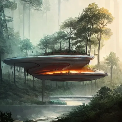 Image similar to A futuristic hotel in the forest with a river and animals around it ,Greg rutkowski, Trending artstation, cinematográfica, digital Art