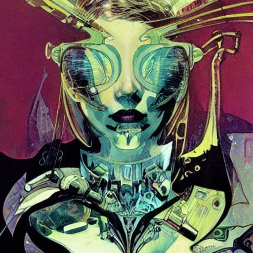 Image similar to cyberpunk dreaming by dave mckean and alphonse mucha and bill sienkiewicz