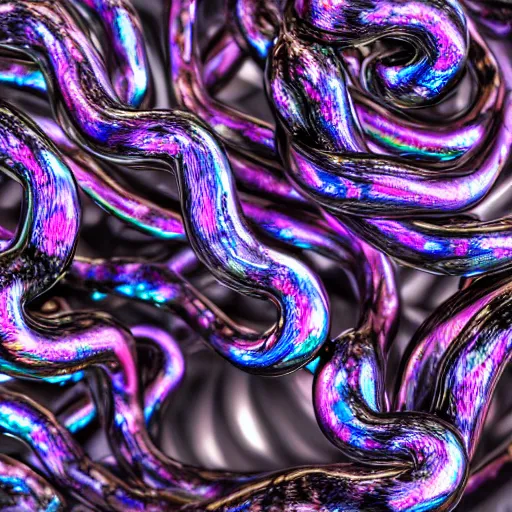 Image similar to highly textured iridescent-pearlescent-black-snakes wrapped around each other, 3D, digital art, octane render, blender cycles, photorealistic, sharpened, repeating patterns, 4k-ultra-hd, high dynamic range