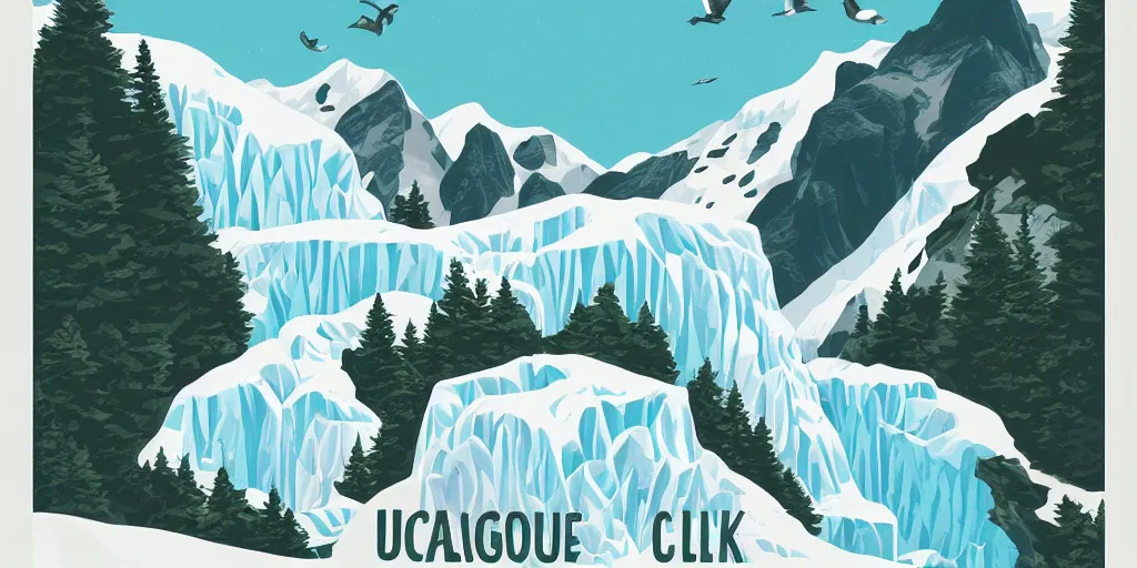 Prompt: beautiful idyllic poster illustration for a craggy ice glacier valley national park by ludwig hohlwein, ludwig hohlwein, graphic, behance, clean bold design