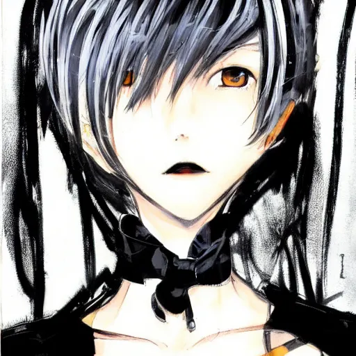 Prompt: Yoshitaka Amano illustration of an anime girl with short white hair and black eyes wearing tuxedo, abstract black and white background, film grain effect, highly detailed, oil painting with expressive brush strokes