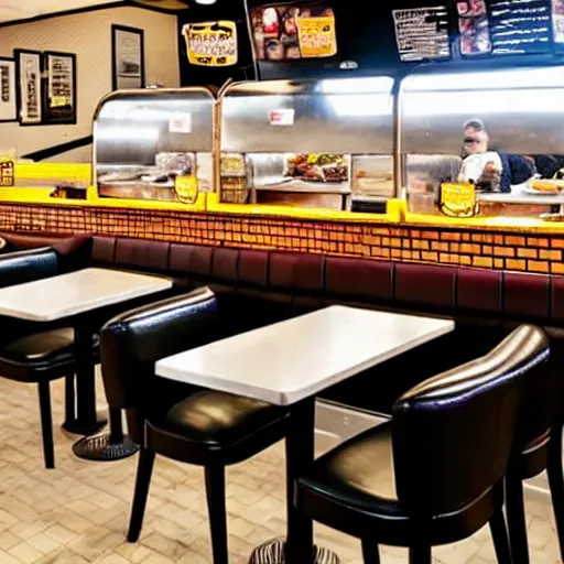 Image similar to busy wafflehouse interior with customers eating breakfast and wafflehouse employees serving food and cooking behind countertop bar that has customers sitting at