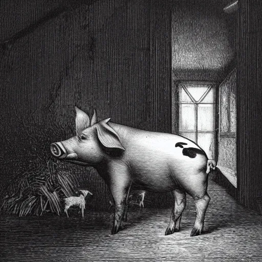 Prompt: pig in a tuxedo walk out of a barn, dramatic lighting, creepy, farm background, chiaroscuro, high detail, illustration by gustave dore