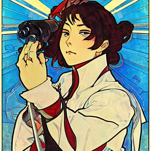 Image similar to anime manga mecha gundam pilot portrait by Alphonse Mucha art nuevou