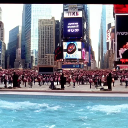 Image similar to still of donald trump clones invading time square, wearing medieval helmets, in american psycho ( 1 9 9 9 ), and still of liminal swimming pools, in american psycho ( 1 9 9 9 )