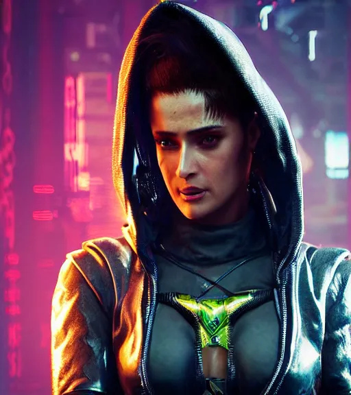 Prompt: cyberpunk 2 0 7 7, charismatic rugged female battle salma hayek - mage portrait, clothed in hooded, metal - plated battle armor atmospheric lighting painted intricate volumetric lighting, beautiful, sharp focus, ultra detailed by leesha hannigan, ross tran, thierry doizon, kai carpenter, ignacio fernandez rios