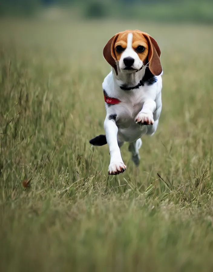 Image similar to a beagle running in a field, 8k, depth of field.