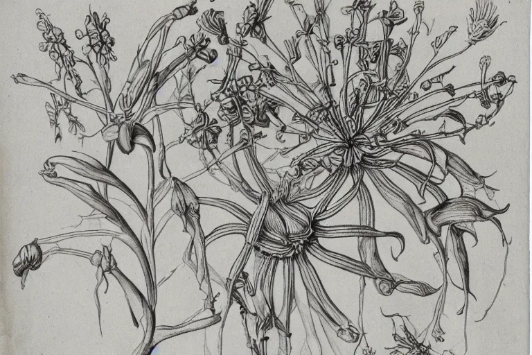 Image similar to botanical drawing of alien flora, sketchy, aged paper, intricate details, labelled