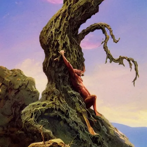 Image similar to a creature sitting on a twisted tree on a rocky outcrop, by boris vallejo and frank frazetta