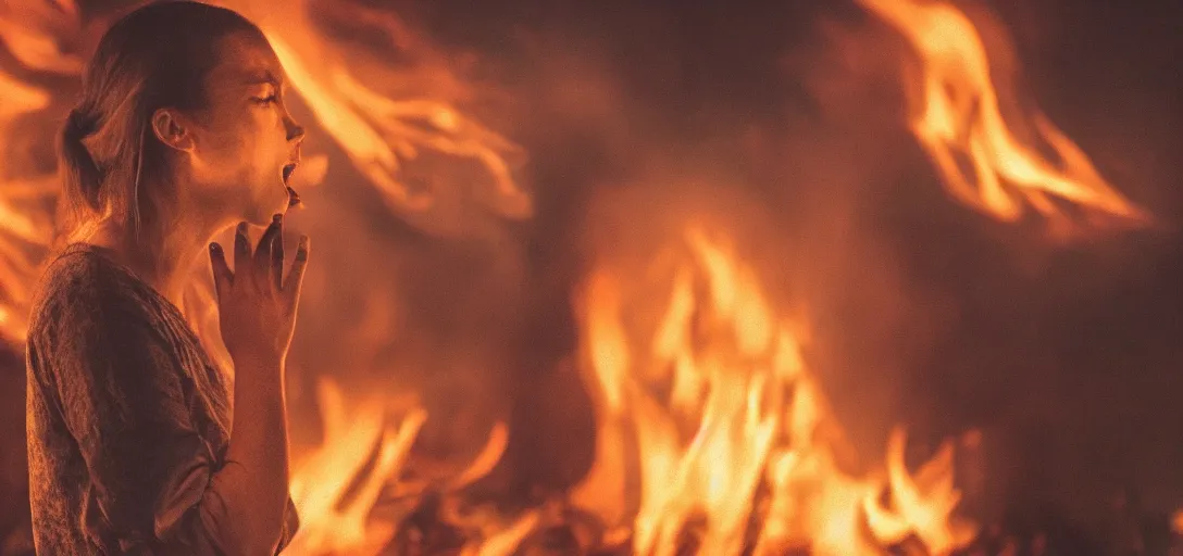 Image similar to full portrait of a young woman watching a forest fire, smoke, flames, dark, gloomy, horror, screaming, insanely detailed, photorealistic, cinematic, dramatic lighting,