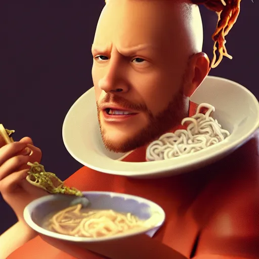 Prompt: a portrait of Korbin Dallas from the movie The Fifth Element eating a bowl of ramen, 8k resolution, extremely detailed, octane render, HQ, colored HQ