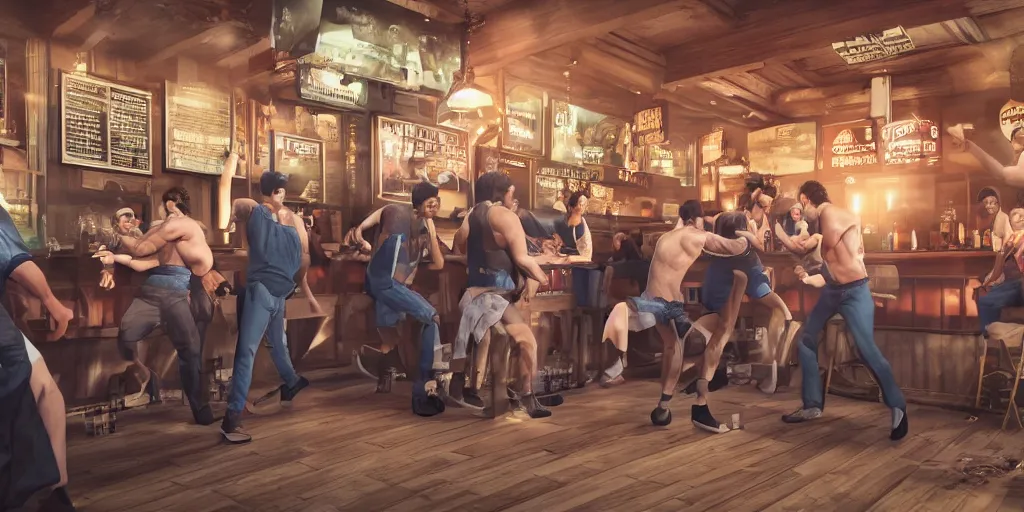 Prompt: a photo of a bar fight inside a pub between people of diverse ethnicities, Leica, symmetrical faces, muscles, detailed faces, accurate faces, 4k, 3D render, hyperrealism, editorial, photorealistic, crisp details, sharp focus, wide angle lens, octane render, cinematic lighting