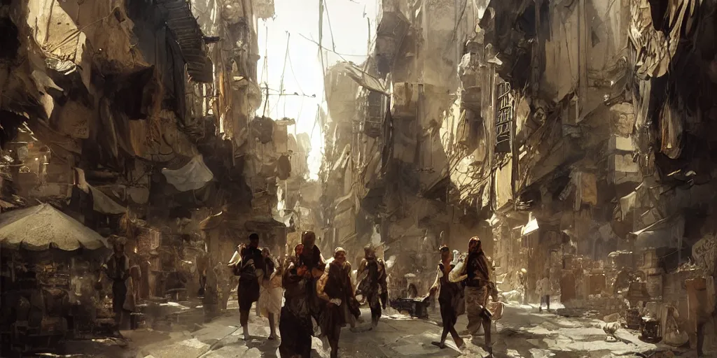 Image similar to highly realistic concept art, anders zorn, craig mullins, rutkowski, dramatic light, in the streets of the bustling city of ancient cairo
