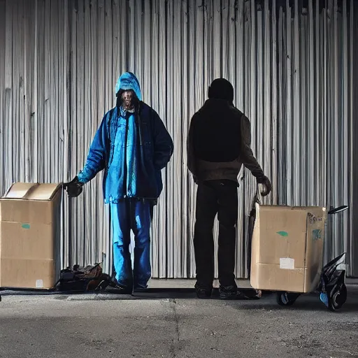 Image similar to a photo portrait of two homeless creating a time machine from aluminium cans and cardboard boxes. symmetry. awesome exposition. very detailed, professional lighting diffracted lightrays, 8 k, sense of awe
