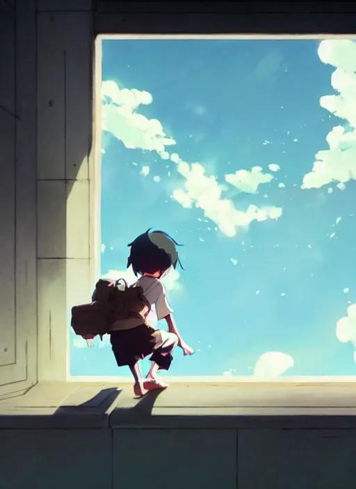 Image similar to boy on ground waving to a pretty girl on the second floor, illustration concept art anime key visual trending pixiv fanbox by wlop and greg rutkowski and makoto shinkai and studio ghibli