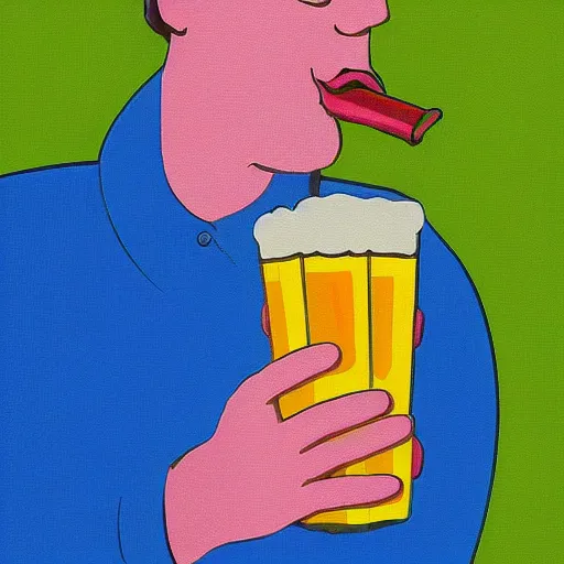 Image similar to Guy who drink beer while watching TV, junk foods, by Philippe Vuillemin