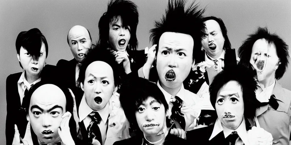 Image similar to coneheads jpop band, 1980s surrealism aesthetic, detailed facial expressions