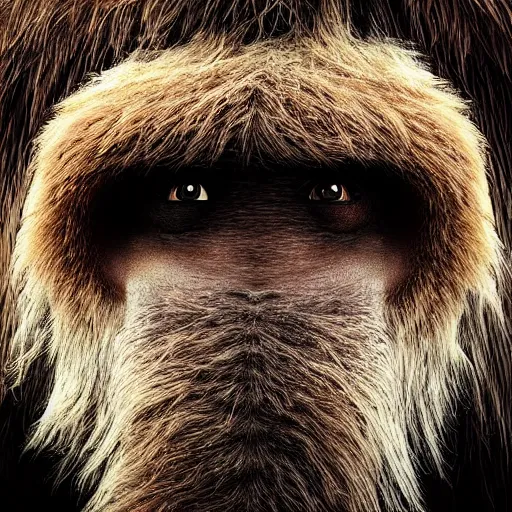 Prompt: “national geographic photo of a newly-discovered creature which lives at the highest peaks of the Himalayas, the creature is a cross between a woolly mammoth and a Neanderthal man, the background is a forest at the top of a mountain, the lighting is like dusk, hyper realistic photographic portrait of the creature, extreme close-up detail of its face which looks like a hybrid mammoth and human, with piercing blue eyes and protruding teeth”