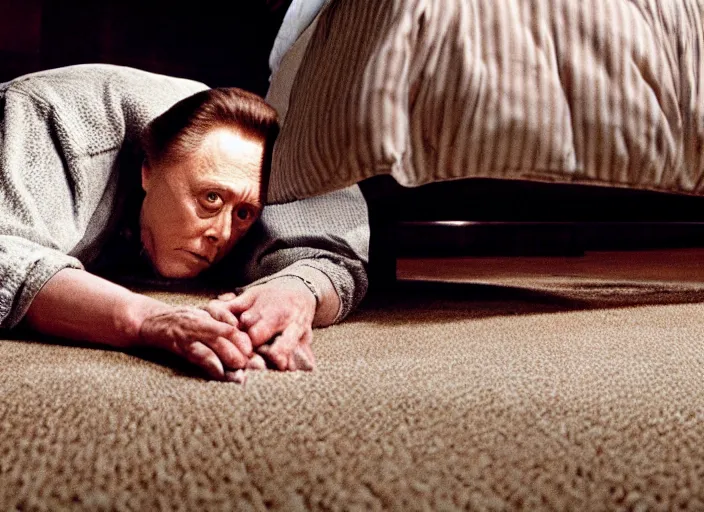 Image similar to film still of Christopher Walken hiding under a bed at night in the new Shining movie, 4k