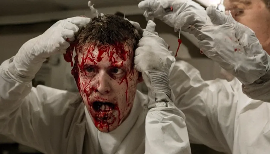 Image similar to big budget action movie about dead scientist's bloody head wound