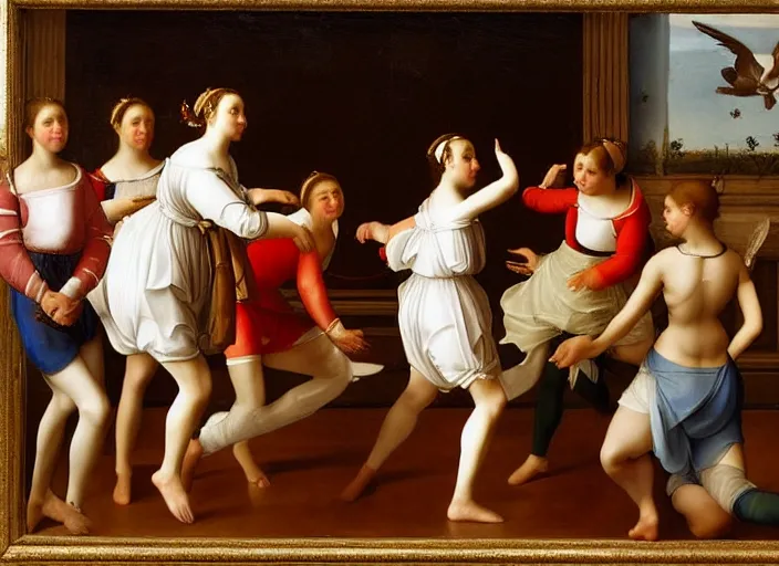 Prompt: realistic museum photography of a painting with a group of girls wearing white shorts, dancing with white pigeons in a wooden room in style raffaello sanzio, italian renaissance painting, detailed