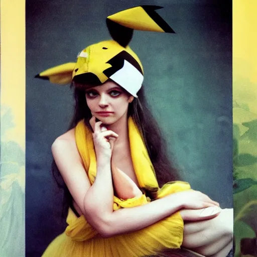 Image similar to elegant woman dressed up as pikachu, art photo by Annie Liebovitz and Alphonse Mucha