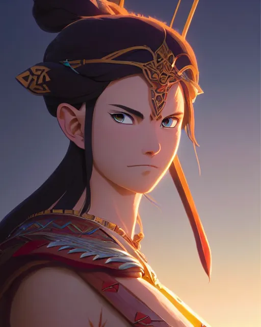 Image similar to azctec warrior, zelda, detailed perfect face, exquisite details, fire magic, mid view, design on a white background, by studio muti, greg rutkowski makoto shinkai takashi takeuchi studio ghibli