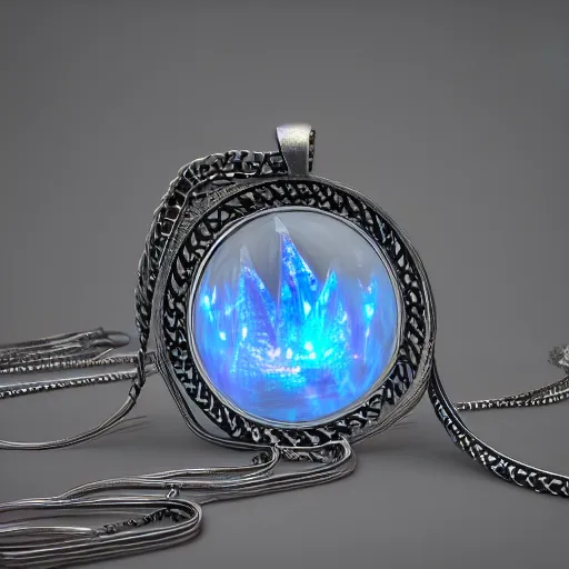 Prompt: fantasy necklace made with a crystal, magical and glowing, octane render, ray tracing, light transmission, 8 k