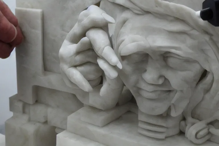 Prompt: a sculptor carving a 3 d printer from a block of marble