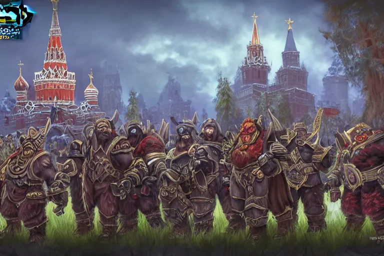 Image similar to moscow in style of warcraft orc village horde, blizzard illustration