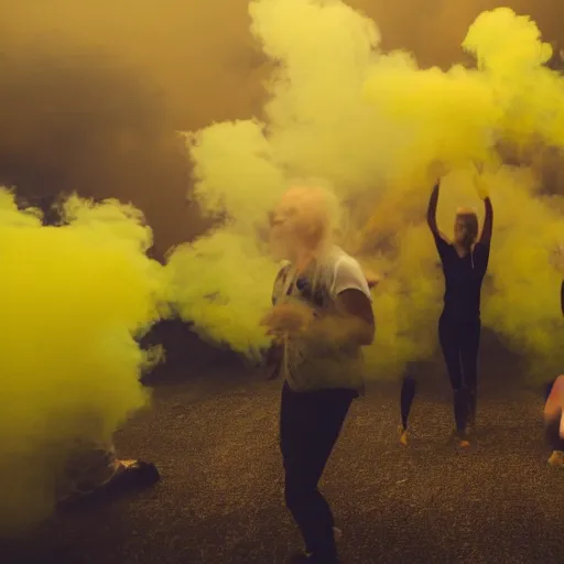 Image similar to a group of people breathing in yellow smoke, floating, possessed, euphoric, surreal, dreamy