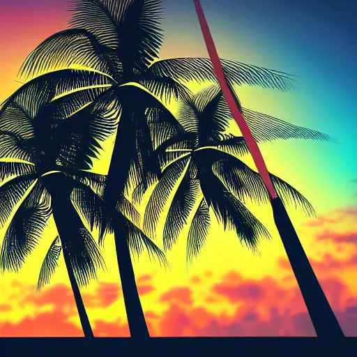 Image similar to Palm Trees with sunset in the background, logo, vaporwave, award winning, photorealistic