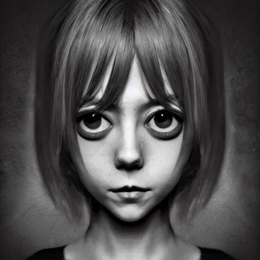 Image similar to Manga cover portrait of an extremely cute and adorable beautiful, creepy!! Aubrey Plaza as a sleep paralysis demon horror girl, dim lighting, long disheveled hair hanging over her eyes, eerie atmosphere, 3d render diorama by Hayao Miyazaki, official Studio Ghibli still, color graflex macro photograph, Pixiv, DAZ Studio 3D