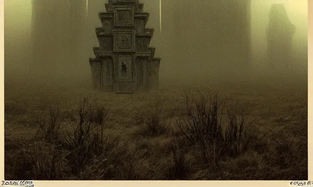 Prompt: a outside temple full of dark evil idol, landscape photograph taken by giger and beksinski and chaos and midnight sun and death fog and nightmare megacity