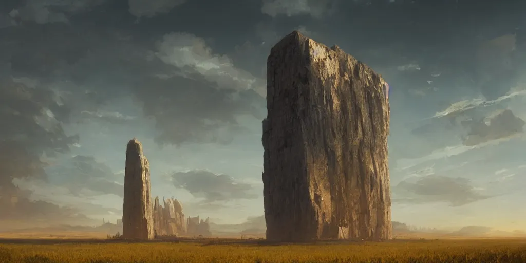 Prompt: wide shot of a monolith floating high above a cornfield, late afternoon, golden hour, highly detailed, smooth, sharp focus, concept art by greg rutkowski and jakub rebelka and ruan jia