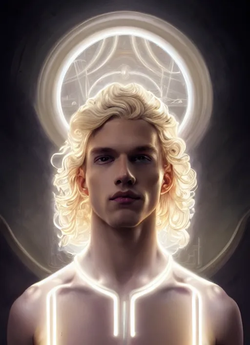 Image similar to symmetry portrait of a pale blond young androgynous prince with very curly long blond curly hair, sci - fi, black steel cyborg body tech wear, glowing lights intricate, elegant, highly detailed, digital painting, artstation, concept art, smooth, sharp focus, illustration, art by artgerm and greg rutkowski and alphonse mucha