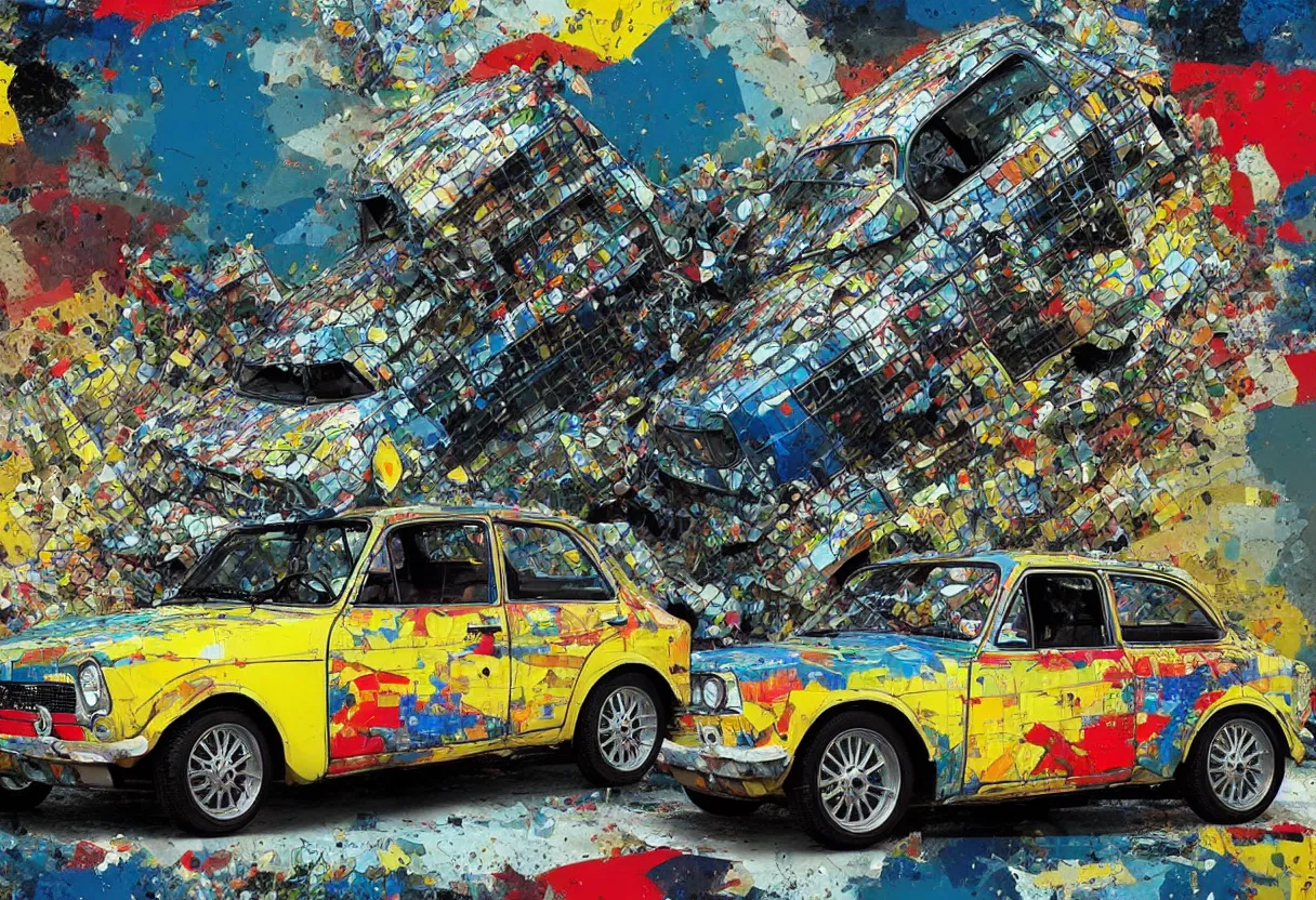 Image similar to yugo car against concrete wall as pop art, matte painting, hyperdetailed, coherent, art nouveau, beautiful render, concept art by mimmo rotella and paul robertson