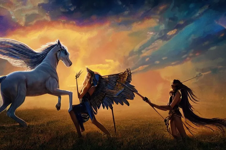 Image similar to wide - shot | dslr | madison beer | as a valkyrie warrior | giant winged horse | detailed face | rain | raytracing!!! | arrows | sunset | smoke | ethereal | golden hour | by victor nizovtsev, john blanche, werner herzog | fantasy | highly detailed | north mythology | realism | film | cinematic 4 k | upscaled!!!